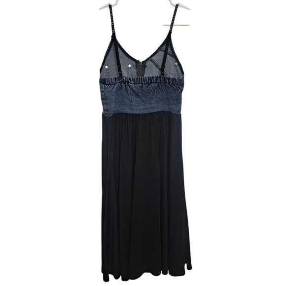 Love J WomenM Denim Bodice Black Dress Style Boho Spaghetti Strap Zip Front - Picture 2 of 6